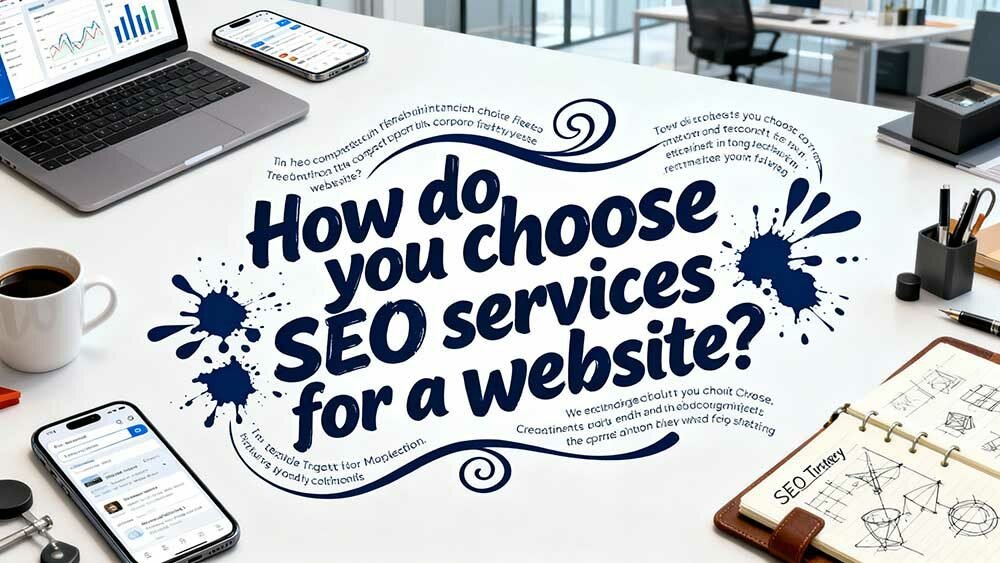 Workspace with laptop, coffee, and phone, featuring the text: 'How do you choose SEO services for a website?'