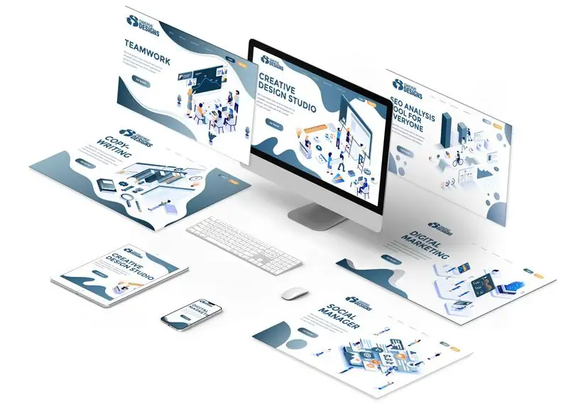 Workspace showcasing digital marketing and design concepts on various devices, emphasizing teamwork and creativity.