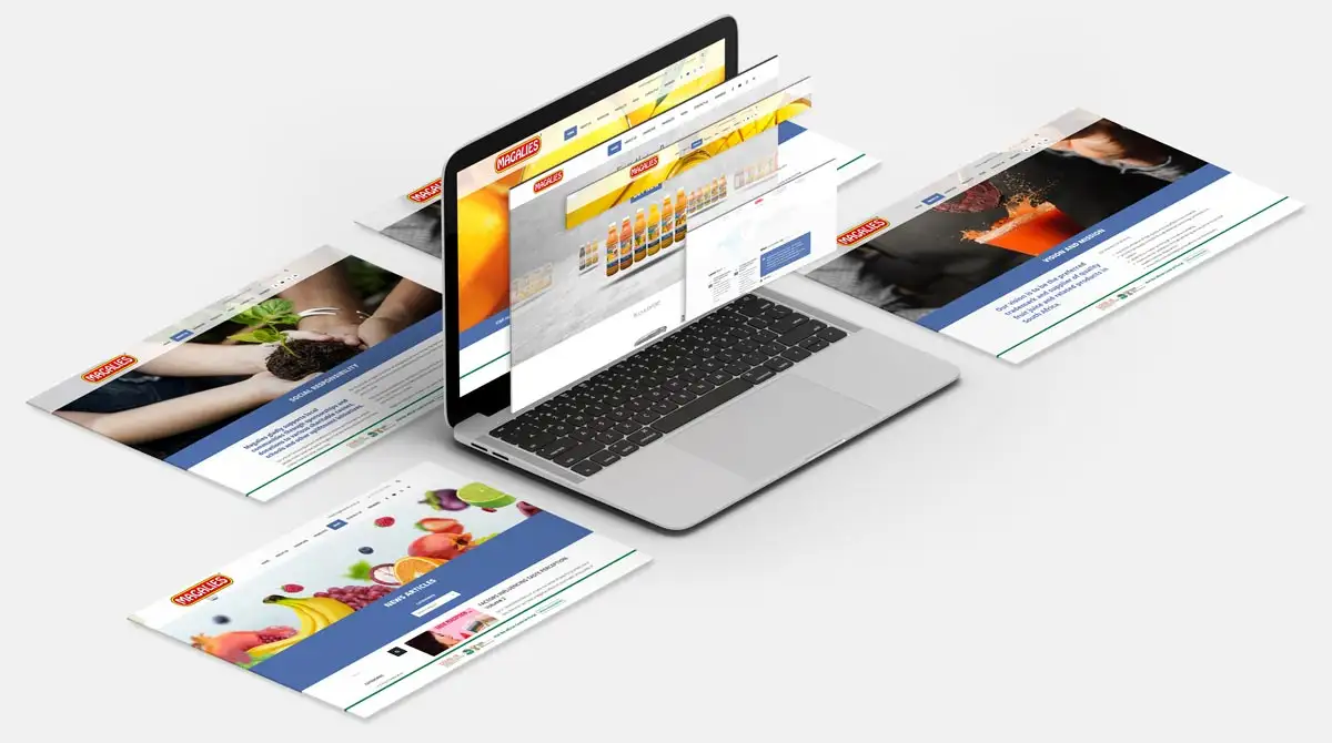Juice Company Website Design Laptop displaying multiple web pages featuring fruits and juices, showcasing a vibrant online presence.