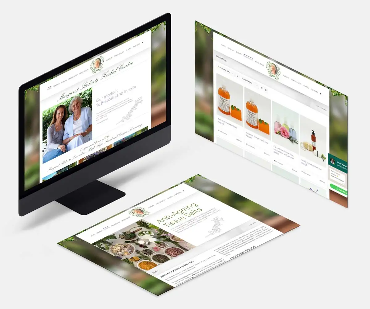 Three monitors displaying the Margaret Roberts Herbal Centre website, featuring wellness products and educational content.