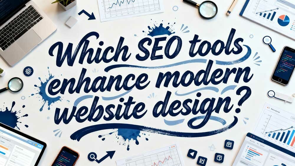 Flat lay of a laptop, charts, and text asking about SEO tools that enhance modern website design.